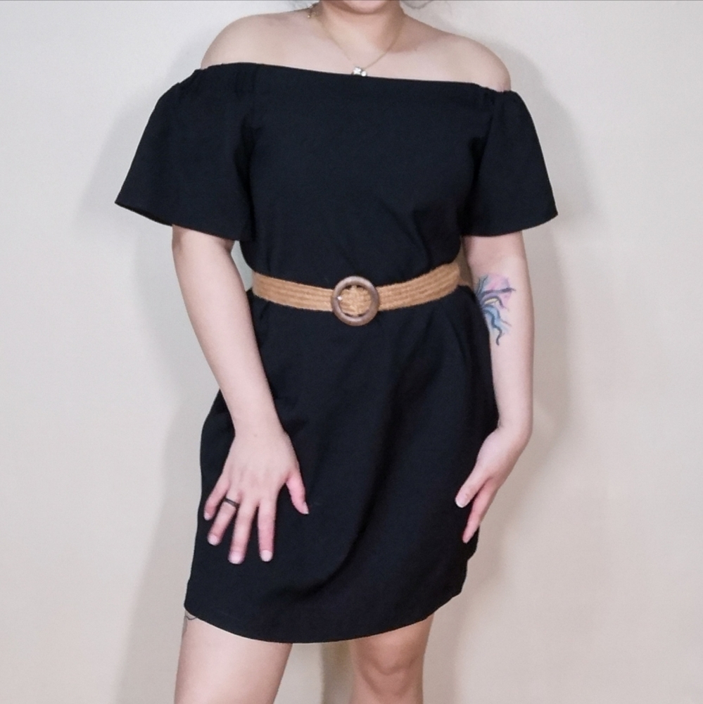 Skylar Belle Off The Shoulder Black Midi Dress Boat Neck Short Flared Sleeve